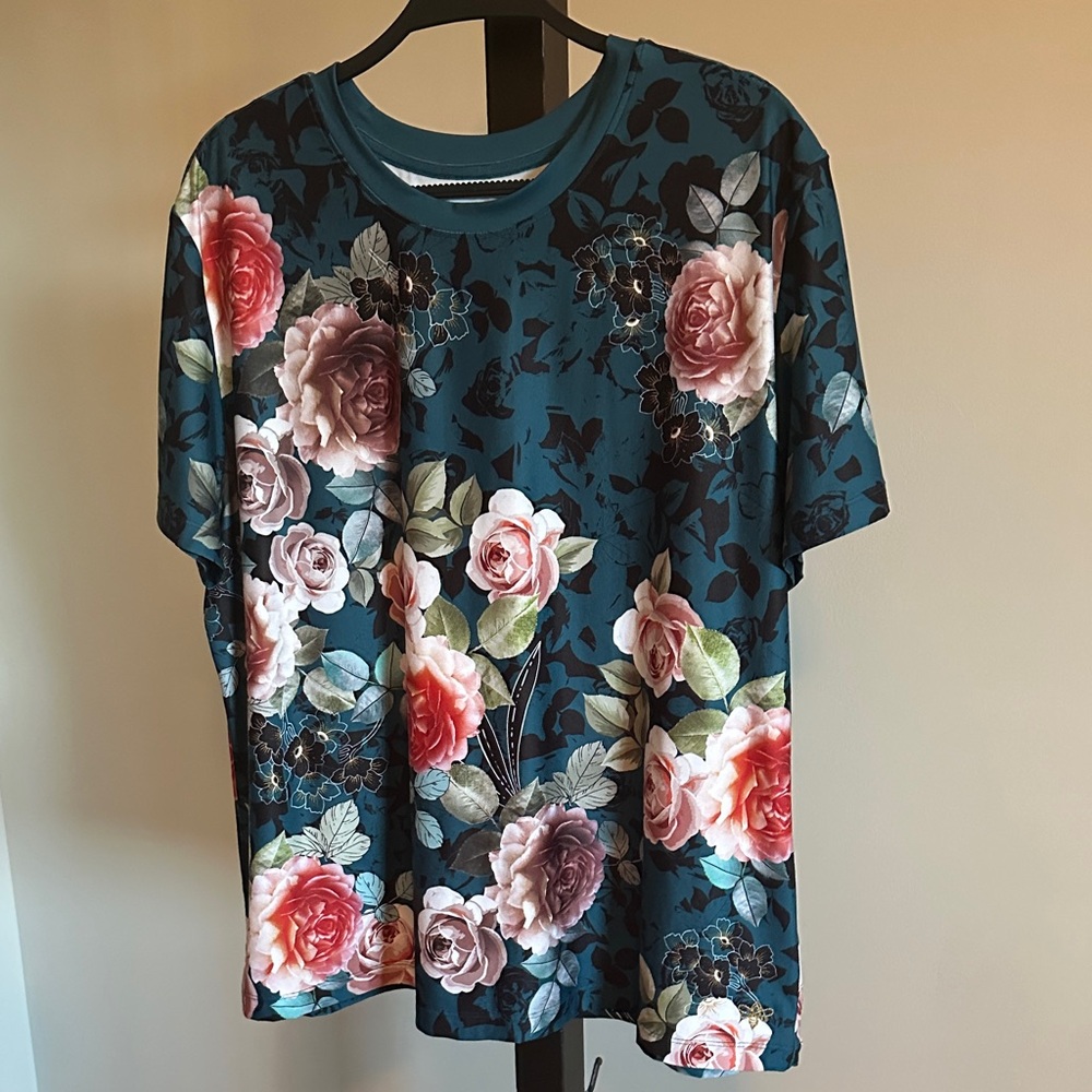 Johnny Was Teal Floral Short Sleeve Top